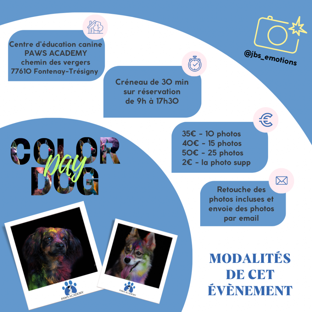 Color Dog Day - Shooting photo coloré pour chiot et chien le dimanche 28 septembre 2025 au centre d'éducation canine Paws Academy de Fontenay-Trésigny en Seine et Marne (77)
