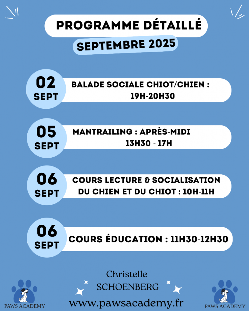 Planning des activités du mois de septembre 2025 au centre d'éducation Paws Academy situé à Fontenay-Trésigny en Seine et Marne