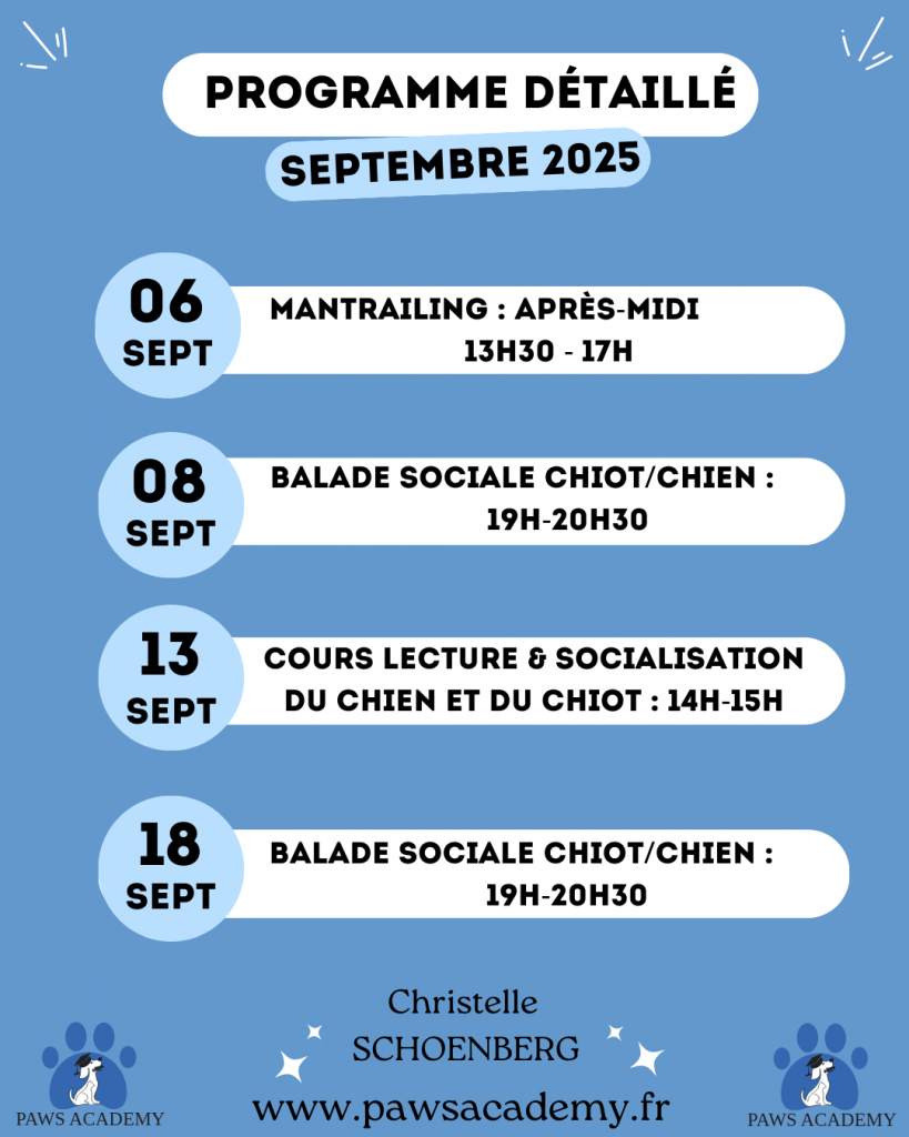 Planning des activités du mois de septembre 2025 au centre d'éducation Paws Academy situé à Fontenay-Trésigny en Seine et Marne