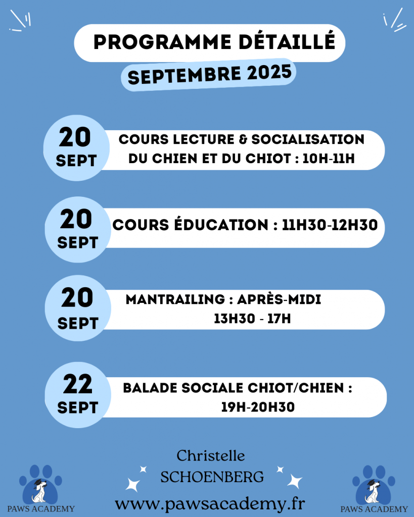 Planning des activités du mois de septembre 2025 au centre d'éducation Paws Academy situé à Fontenay-Trésigny en Seine et Marne