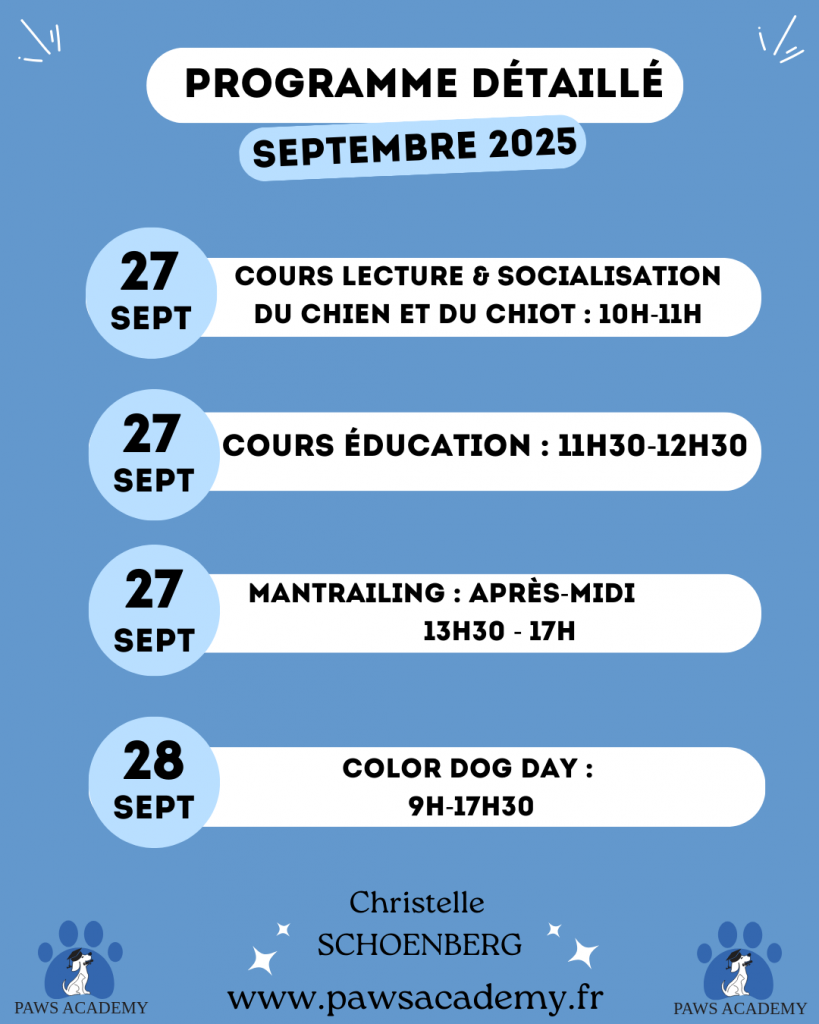 Planning des activités du mois de septembre 2025 au centre d'éducation Paws Academy situé à Fontenay-Trésigny en Seine et Marne