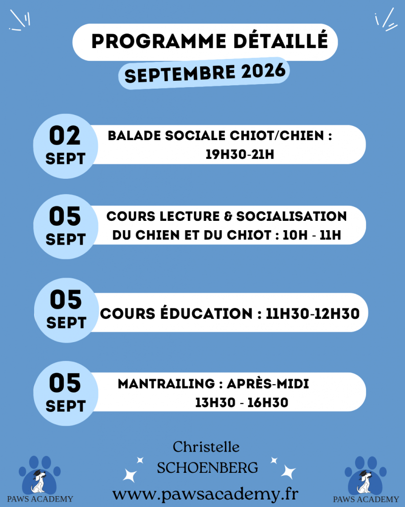 Planning des activités de Paws Academy en septembre 2026 du 2 au 5 septembre 2026