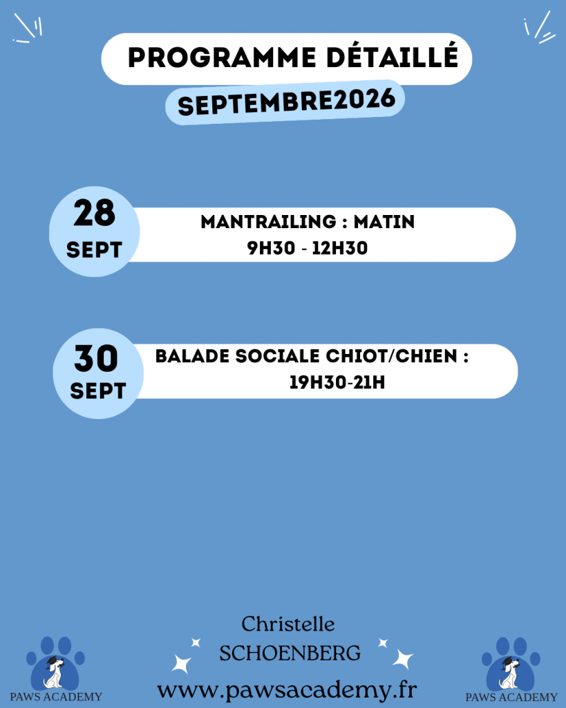 Planning des activités de Paws Academy en septembre 2026 du 28 septembre au 30 septembre 2026
